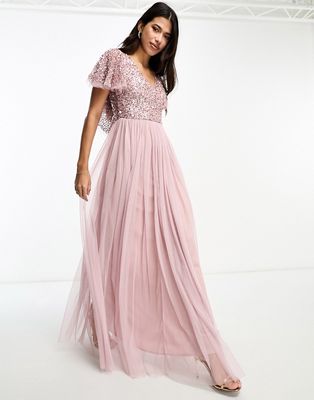 Beauut Bridesmaid embellished maxi dress with flutter detail in frosted pink