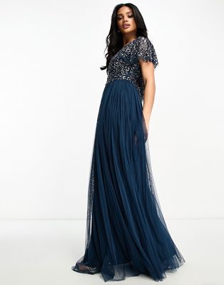 Beauut Bridesmaid embellished maxi dress with flutter detail in navy