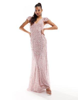 Beauut Bridesmaid embellished maxi dress with frill detail in pink