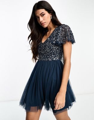 Beauut Bridesmaid embellished mini dress with flutter detail in navy