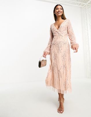 Beauut Bridesmaid embellished wrap front midi dress in blush-Pink