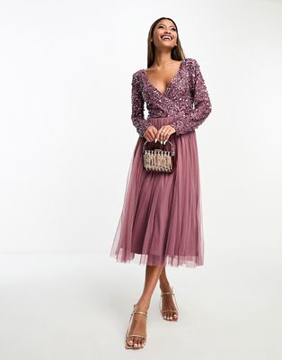 Beauut Bridesmaid long sleeve embellished midi dress in mauve-Pink