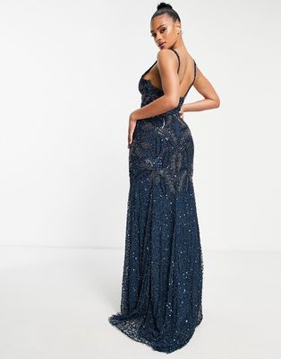 Beauut Bridesmaid plunge front allover embellished maxi dress in navy