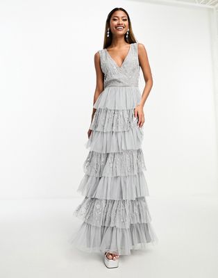 Beauut Bridesmaid tiered midaxi dress with embroidery in light gray