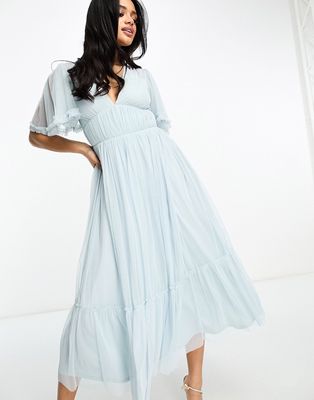 Beauut Bridesmaid tulle midi dress with flutter sleeve in icy blue