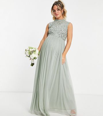 Beauut Maternity Bridesmaid 2 in 1 embellished maxi dress with full tulle skirt in sage-Green