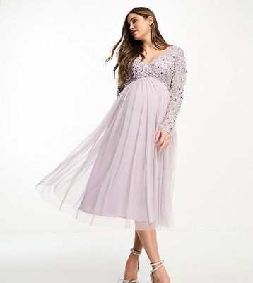 Beauut Maternity Bridesmaid long sleeve embellished midi dress in lilac-Purple