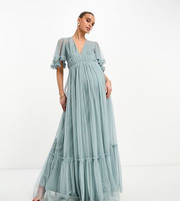 Beauut Maternity Bridesmaid tulle maxi dress with flutter sleeves in mist-Green
