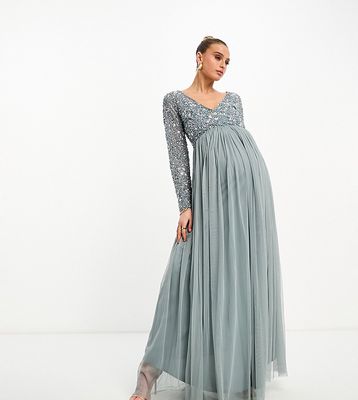 Beauut Maternity Bridesmaid wrap front maxi dress with mutli color embroidery and embellishment in misty green