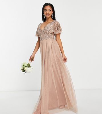 Beauut Petite Bridesmaid embellished bodice maxi dress with flutter sleeves in taupe-Neutral
