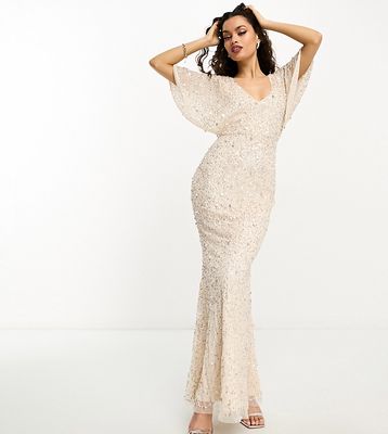 Beauut Petite Bridesmaid embellished maxi dress with flutter sleeve in champagne-Neutral