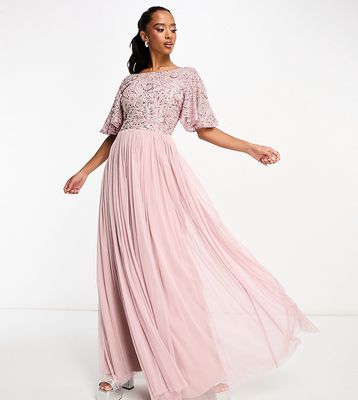 Beauut Petite Bridesmaid embellished maxi dress with open back detail in frosted pink