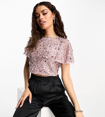 Beauut Petite Bridesmaid embellished top with flutter back in frosted pink