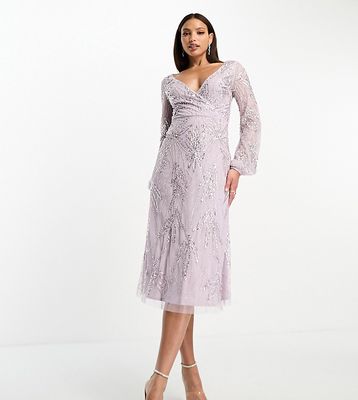 Beauut Tall Bridesmaid embellished wrap front midi dress in lilac-Purple