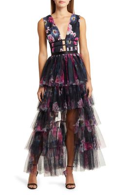 bebe Floral Print Tiered Mesh Gown in Blue/Red