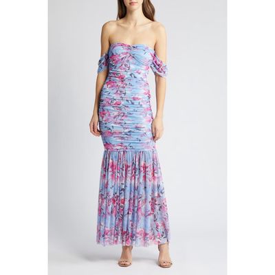 bebe Floral Ruched Off the Shoulder Mesh Gown in Blue /Multi 