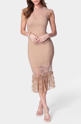 bebe Illusion Lace Midi Dress in Beige 