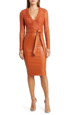 bebe Mixed Media Long Sleeve Lace & Faux Leather Dress in Orange/Brown