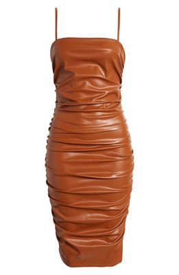 bebe Ruched Faux Leather Dress in Brown