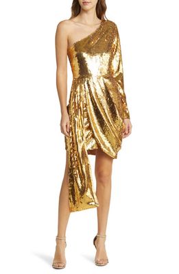 bebe Sequin One-Shoulder Long Sleeve Dress in Metallic Gold