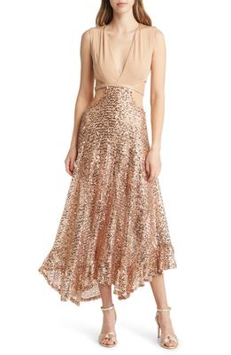 bebe Side Cutout Mesh & Sequin Gown in Champ