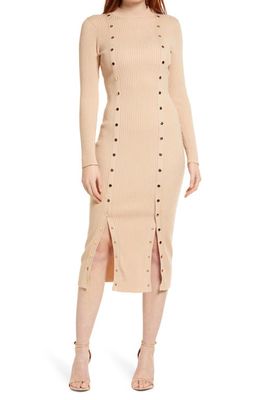 bebe Snap Long Sleeve Sweater Dress in Taupe