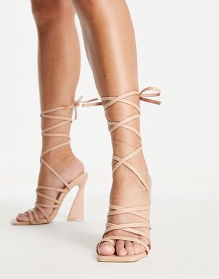 BEBO harperr strappy tie leg heeled sandals in beige with square toe-Neutral