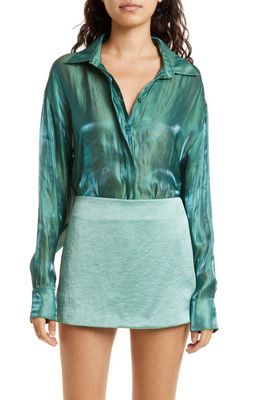 Bec & Bridge Monica Iridescent Crinkled Button-Up Blouse in Dragonfly Green