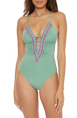 Becca Fiesta Plunge Embroidered One-Piece Swimsuit in Mineral