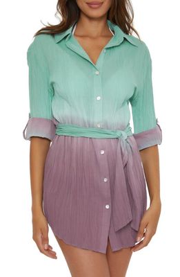 Becca Ombré Plissé Long Sleeve Tie Belt Cover-Up Shirtdress in Mineral/Fig