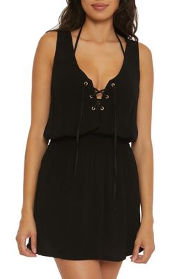 Becca Ponza Plunge Lace-Up Cover-Up Dress in Black
