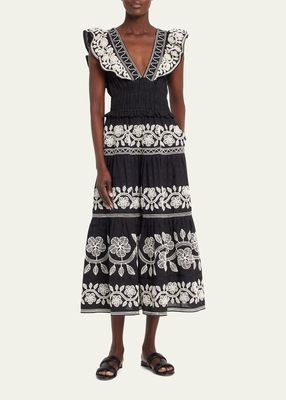 Beck Embroidered Flutter-Sleeve Maxi Dress