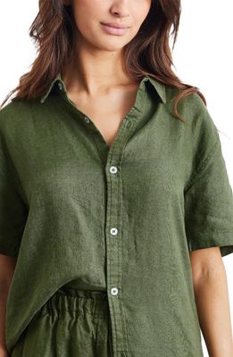 Bed Threads Short Sleeve Linen Button-Up Shirt in Olive