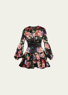 Bedouin Rose Tiered Floral-Print Mini Dress