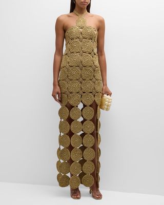 Beep Beep Lurex Crochet Cutout Halter Maxi Dress