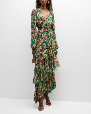 Bell Floral Long-Sleeve Silk Maxi Dress