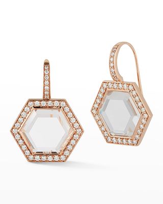 Bell Rose Gold Rock Crystal Hexagonal Wire Earrings with Diamond Border