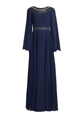 Bell-Sleeve Crystal-Encrusted Gown