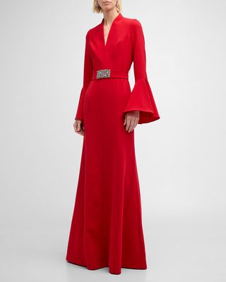 Bell-Sleeve Jewel-Embellished Crepe Gown