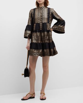 Bell-Sleeve Metallic Jacquard Mini Dress
