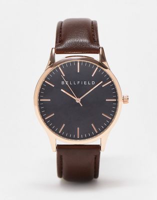 Bellfield faux leather strap watch in brown with black dial-Gold