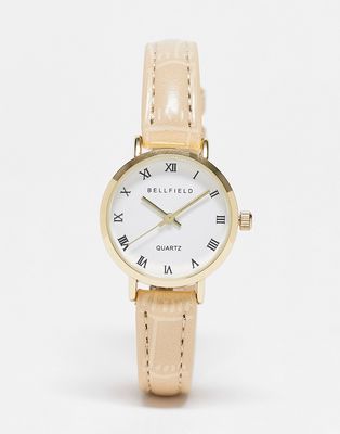 Bellfield faux leather strap watch in cream-White