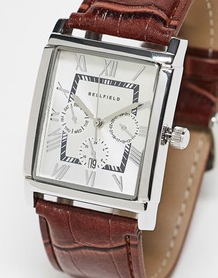 Bellfield faux leather strap watch with square dial in brown-Silver