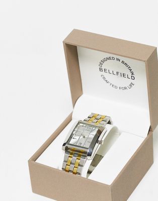 Bellfield link strap watch with square dial in silver and gold-Multi