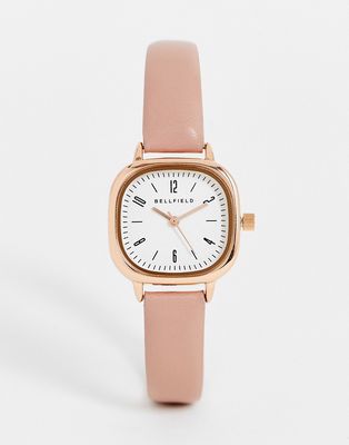 Bellfield minimal leather watch with square face in blush-Pink