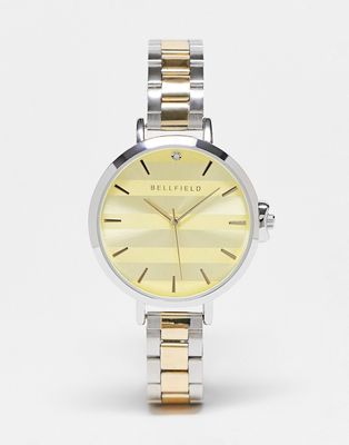 Bellfield slim link bracelet strap watch with oversized dial in gold and silver-Multi