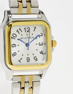 Bellfield slimline link strap watch with square dial in silver and gold