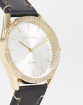 Bellfield slimline strap watch in black with silver face-Gold