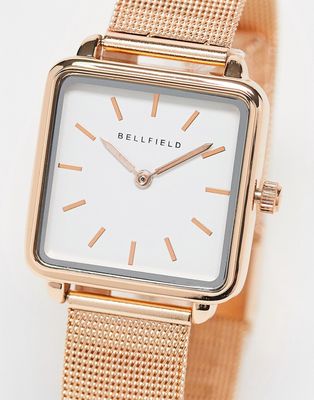 Bellfield stainless steel mesh strap watch with square face in rose gold