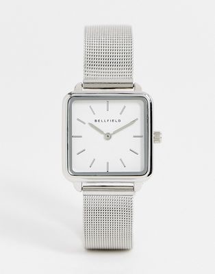 Bellfield stainless steel mesh strap watch with square face in silver